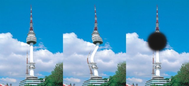 황반변성은 황반에 이상이 생기는 질환으로 사물이 휘어져 보이거나(가운데) 중심 부분이 까맣게 보이는 증상(맨 오른쪽)이 나타난다. 아이클릭아트