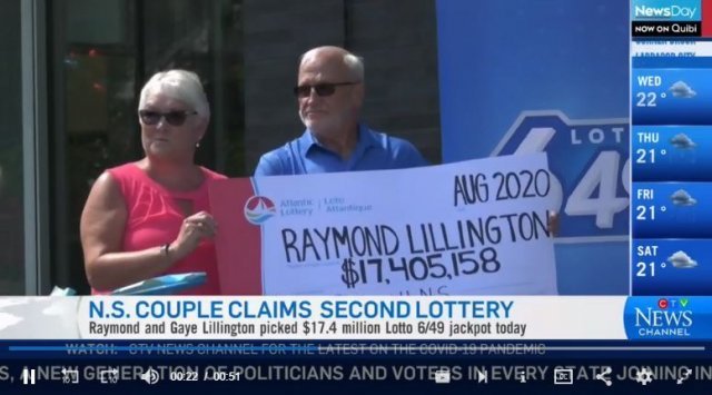 7년 만에 다시 로또에 당첨된 레이먼드 릴링턴과 그의 부인 게이. (출처=CTV뉴스 캡처) © 뉴스1