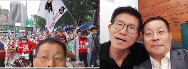 지난 8월 15일 광화문 집회에 참여한 차명진 전 의원(왼쪽), 차 전 의원과 함께 사진을 찍은 김문수 전 경기지사ⓒ 뉴스1