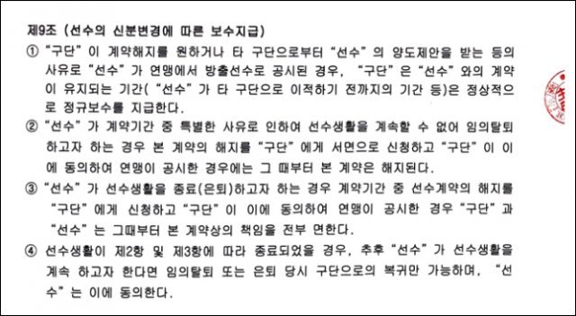 고유민 유가족이 공개한 선수계약서