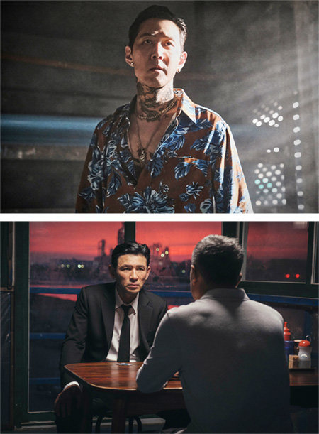 홍경표 촬영감독이 클로즈업을 가장 신경 쓴 레이(이정재)의 방콕 차고지 액션 장면. 맹수처럼 테이블에서 뛰어내려 살육을 벌이는 레이의 얼굴을 로 앵글로 담았다(위 사진). 인남이 전 직장 상사 춘성과 인천항의 식당에서 마주한 장면. 창밖 노을 색은 날씨가 도왔다. CJ엔터테인먼트 제공