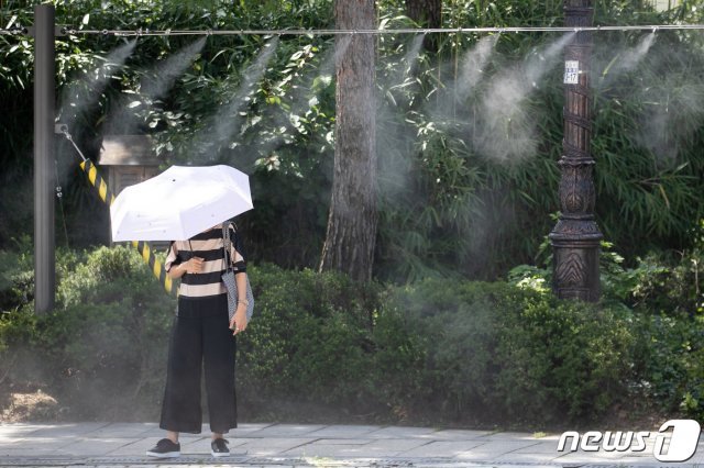 폭염이 이어지고 있는 25일 청와대 분수대 앞에 마련된 폭염 저감시설 쿨링포그가 가동돼 시민들이 더위를 식히고 있다. 2020.8.25/뉴스1 © News1