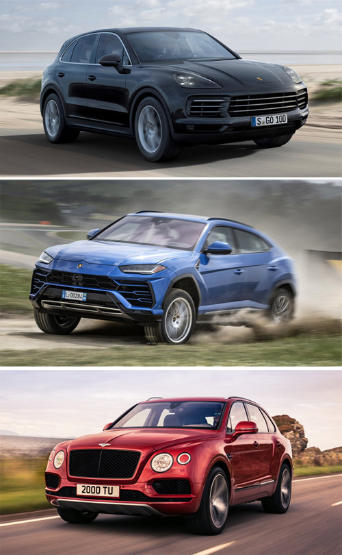 포르셰 ‘카이엔’, 람보르기니 ‘우루스’, 벤틀리 ‘벤테이가’(위 사진부터) 등 스포츠카·슈퍼카 브랜드의 성장을 이끌고 있는 스포츠유틸리티차량(SUV). 각 사 제공