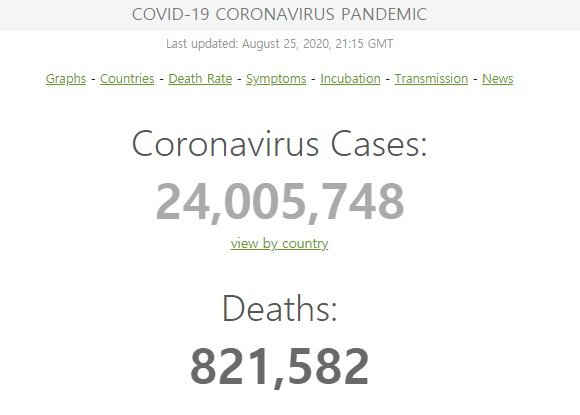 전세계 코로나 확진자 및 사망자수 - 월드오미터 갈무리