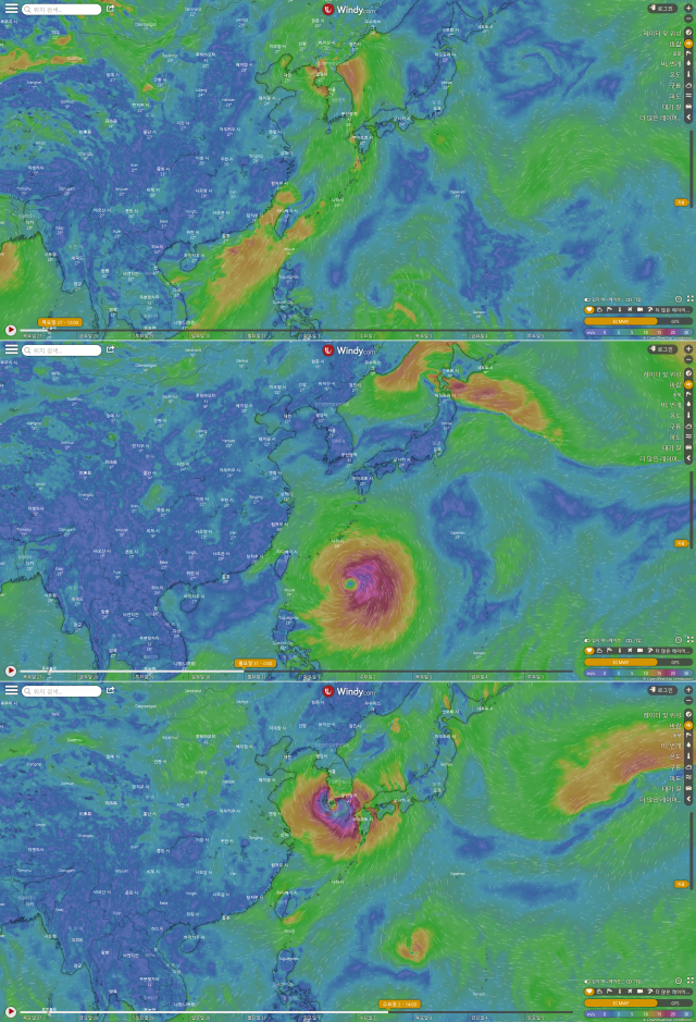체코 기상앱 ‘윈디’가 예측한 제9호 태풍 ‘마이삭’의 예상 경로. 위에서부터 27일 낮 12시, 31일 0시, 9월 2일 오후 2시 예보. 사진=윈디 갈무리