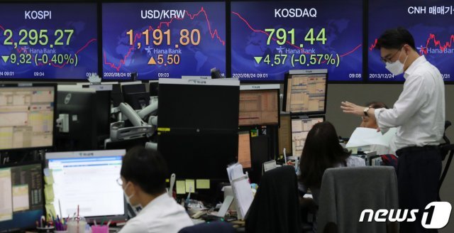 24일 서울 중구 하나은행 딜링룸 전광판. 2020.8.24/뉴스1 © News1