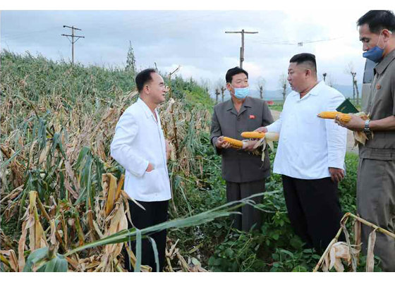 김정은 북한 국무위원장이 황해남도의 태풍 피해지역을 시찰했다고 노동당 기관지 노동신문이 28일 보도했다. 김 위원장은 피해 상황을 보고 받고 농작물 복구에 역량을 총동원하라고 지시했다. 사진=북한 노동신문