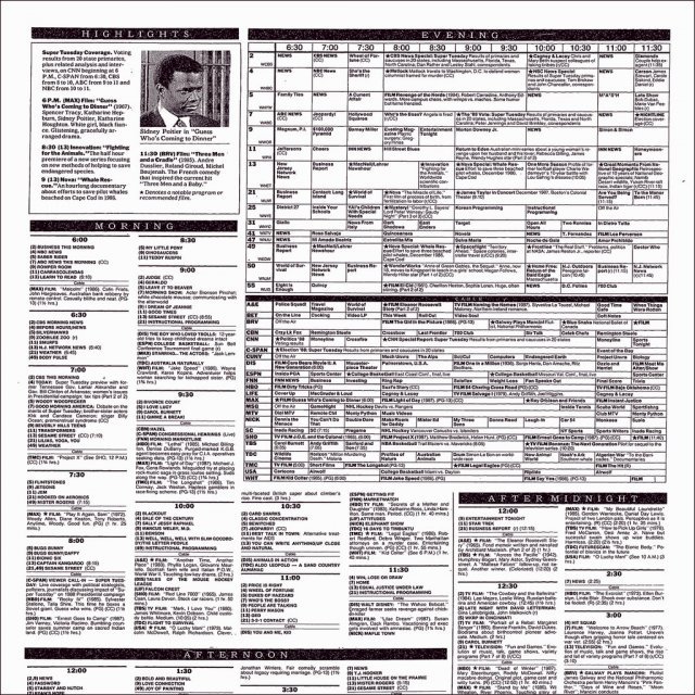 1939년부터 TV 방영 소식을 라디오 채널 소개에 더해 뉴욕판 지면에 소개하기 시작한 뉴욕타임스(NYT)는 1988년부터는 지금의 TV 편성표 형식으로 약 40여개의 케이블 채널의 정보를 제공했다. 그리고 2020년 8월 30일자 지면을 끝으로 편성표는 역사 속으로 사라졌다.