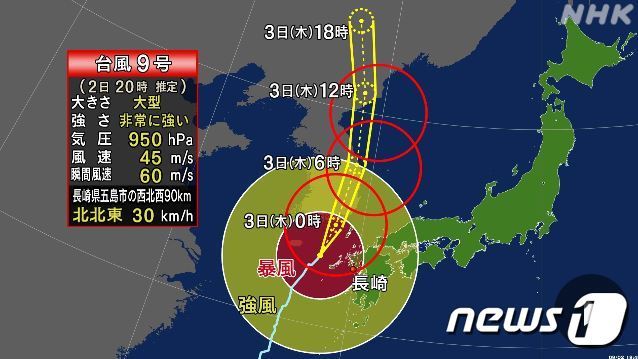 일본 기상청 제9호 태풍 마이삭 경로 <출처=NHK방송 웹페이지> © 뉴스1