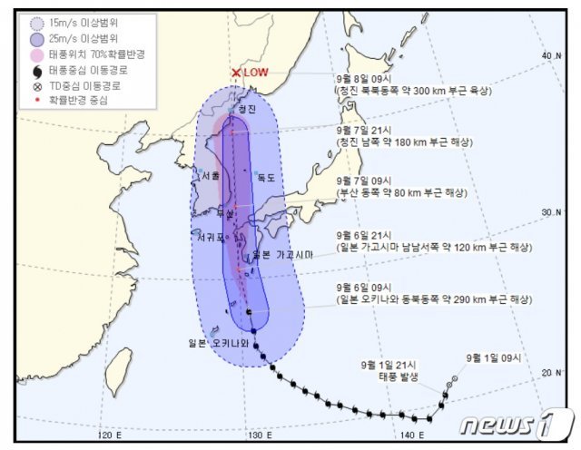 6일 오전 9시 기준 태풍 ‘하이선’ 예상 경로(기상청 제공)