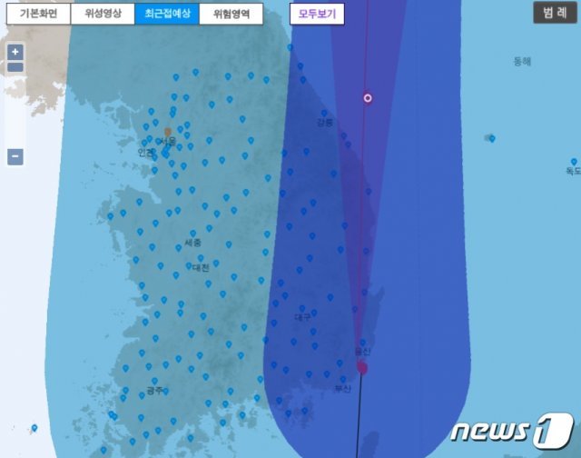 7일 오전 10시55분 기준 태풍 하이선 최근접 예상도(기상청 제공) © 뉴스1