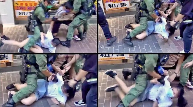 홍콩 경찰이 6일 시위 현장에서 수상하게 뛰었다는 이유로 12세 소녀를 넘어뜨리며 진압해 논란이 일고 있다.