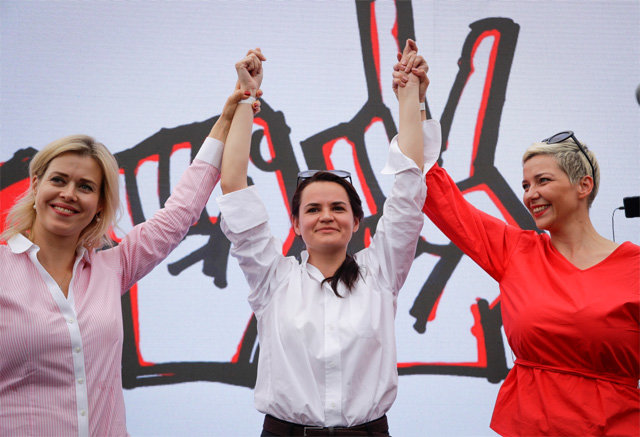 ‘벨라루스의 잔다르크’로 불리는 야권 여성 정치인 3인방. 베로니카 쳅칼로, 스베틀라나 티하놉스카야, 마리아 콜레스니코바(왼쪽부터). 민스크=AP 뉴시스