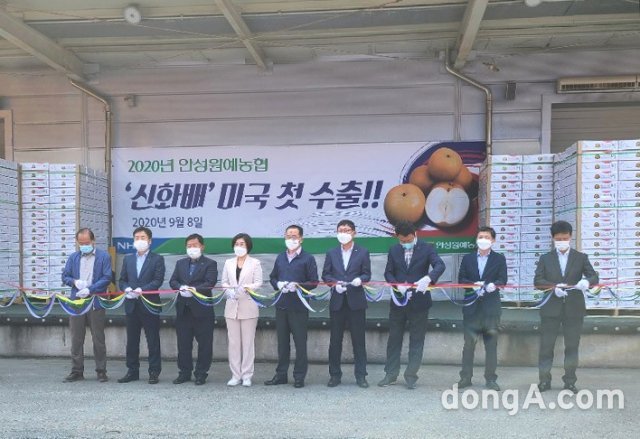 NH농협무역이 안성원예농협과 함께 8일 안성원예농협 유통센터에서 올해 수확한 신화배를 국내 최초로 미국에 수출하는 기념행사를 
개최했다. 사진 왼쪽 두번째부터 김재기 NH농협무역 대표이사, 홍상의 안성원예농협조합장, 김보라 안성시장, 김장섭 
농협경기지역본부장, 손거호 농협경제지주 식품사업부장. 농협 제공