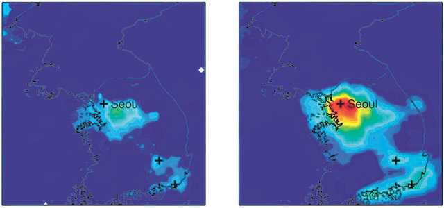 미국항공우주국(NASA)의 지구관측위성 ‘아우라’가 올해 2월 27일 관측한 한국의 이산화질소 농도를 지도에 표시했다(왼쪽 
사진). 붉은색일수록 농도가 높다는 뜻이다. 서울 지역의 이산화질소 농도는 직전 5년인 2015∼2019년 평균(오른쪽 사진)보다
 약 57% 낮은 것으로 분석됐다. NASA 제공