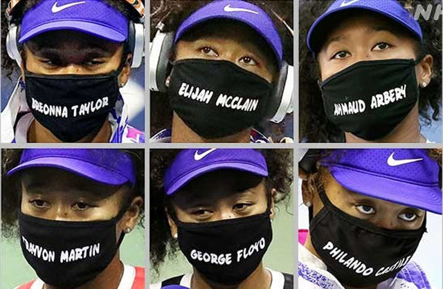 오사카 나오미는 이번 US오픈에서 ‘브리오나 테일러’가 적힌 마스크(윗줄 왼쪽)를 시작으로 라운드마다 미국에서 인종 차별 문제로 숨진 흑인들의 이름이 적힌 마스크를 착용했다. 사진 출처 NHK 홈페이지