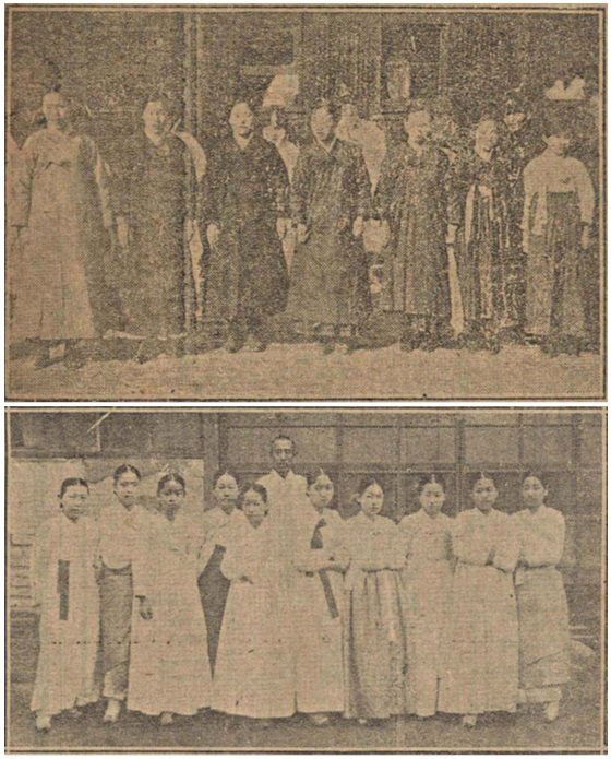 (위) 평화기념 도쿄박람회에 설치된 조선관에서 안내 역할을 하기 위해 선발된 조선 처녀 7명이 1922년 2월 28일 남대문역을 출발하기에 앞서 사진을 찍었다. 제일 나이 많은 처녀가 25세, 제일 나이 어린 소녀는 14세였으며 6개월 간 도우미를 하는 것으로 예정돼 있었다. (아래) 3월 12일에는 평화박람회에 가는 대정권번의 정예 기생 12명 중 10명이 남대문역을 떠나기 전 카메라 앞에 섰다. 이들은 평화박람회 무대에서 5일간 '봉래의' '고구려무' 등 10개 조선 전통춤을 공연한 뒤 극장 유라쿠자(有樂座)에서도 역시 5일간 공연할 예정이었다. 출처=매일신보