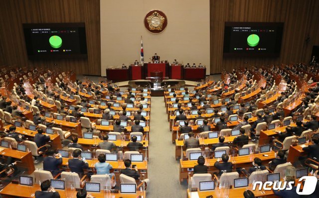 22일 오후 서울 여의도 국회에서 열린 본회의에서 2020년도 제4회 추가경정예산안이 재석 282인, 찬성 272인, 반대 1인, 기권 9인으로 통과하고 있다. 2020.9.22/뉴스1 © News1