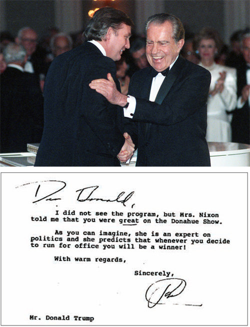 1989년 3월 미국 휴스턴의 한 호텔에서 열린 행사에서 당시 사업가였던 도널드 트럼프 미 대통령과 리처드 닉슨 전 대통령이 
반갑게 악수하고 있다(위 사진). 닉슨 전 대통령이 1987년 트럼프 대통령에게 정치 입문을 권유하며 보낸 편지. AP 뉴시스