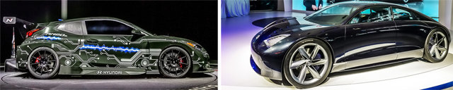 현대차가 2020 베이징 국제모터쇼에서 세계 최초로 공개한 고성능 전기차 ‘RM20e’(왼쪽 사진)는 2014년부터 모터스포츠 
등에서 얻은 고성능 기술력과 전기차 노하우를 집대성한 차량이다. EV콘셉트카 ‘프로페시’는 현대차의 미래 전기차 디자인의 방향성을
 보여준다. 현대자동차 제공