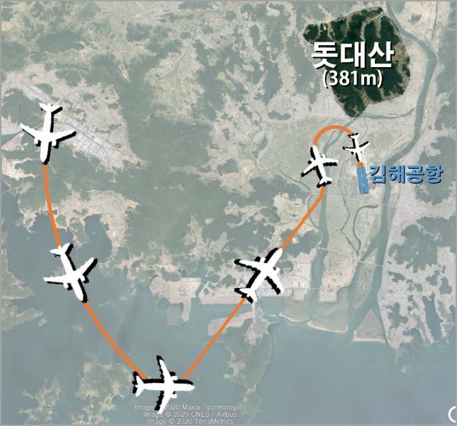 김해공항 북→남 방향 착륙 과정. 북쪽 지형 때문에 직선으로 접근하지 못합니다. 참조자료: 젭슨