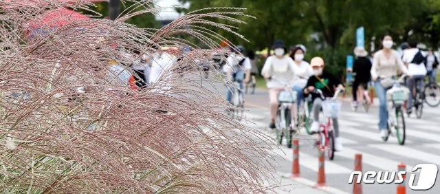 추석연휴 마지막날인 4일 오후 서울 여의도 한강공원을 찾은 시민들이 마지막 연휴를 즐기고 있다. 2020.10.4 © News1