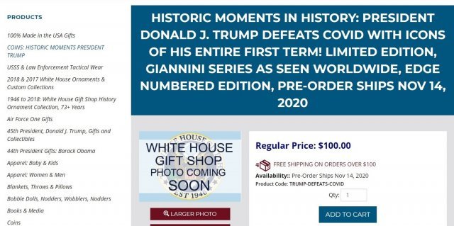 도널드 트럼프 미국 대통령이 신종 코로나바이러스 감염증(코로나19)을 극복했다면서 이를 기념하는 동전이 사전 주문에 들어갔다. 출처: 백악관 기프트숍(The White House Gift Shop) © 뉴스1