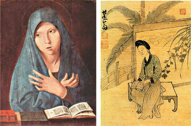 안토넬로 다메시나가 그린 ‘수태고지의 마리아’(1475년·왼쪽)와 조선시대 윤덕희가 그린 ‘책 읽는 여인’(18세기). 서양 회화와 달리 한국 회화사에서 책 읽는 여성을 묘사한 그림을 찾기는 어렵다.