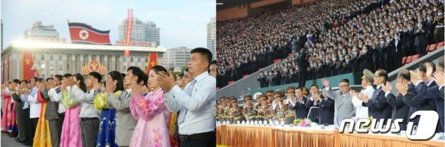 지난 10일 김일성 광장에서 열린 북한 노동당 창건 75주년 기념 경축대회(왼쪽)와 11일 평양 ‘5월1일 경기장’에서 열린 대집단체조에 참석한 김정은 국무위원장 모습. [국내에서만 사용가능. 재배포 금지. DB 금지. For Use Only in the Republic of Korea. Redistribution Prohibited] rodongphoto@news1.kr