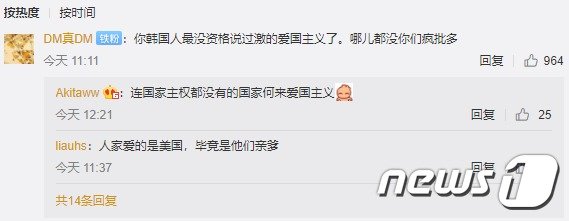 중국 누리꾼이 “한국은 애국주의를 운운할 자격이 없다”고 비판하는 댓글을 달았다.(웨이보 갈무리)© 뉴스1