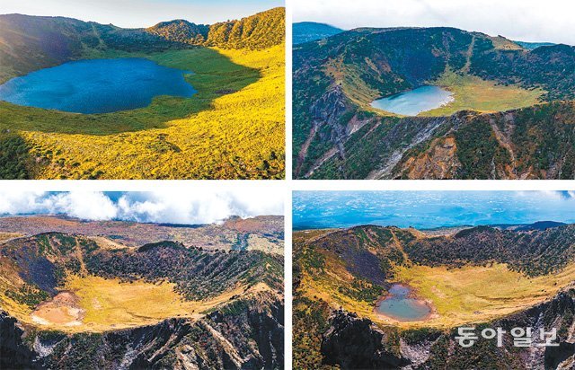 한라산 백록담 분화구에 물이 가득 찬 만수의 장관을 보인 뒤 34일 만에 바닥을 드러낼 때까지 시간 순으로 정리한 경관. 왼쪽 위부터 시계 방향으로 9월 8일, 18일, 30일, 10월 12일 모습이다. 물이 바닥까지 빠지는 동안 여름에서 가을로 계절이 바뀌면서 풍경도 변했다. 임재영 기자 jy788@donga.com