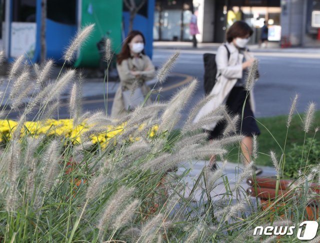 서울 아침 최저 기온이 8도까지 떨어지며 올가을 들어 가장 쌀쌀한 날씨를 기록한 가운데 5일 오전 서울 광화문 세종대로에서 시민들이 두꺼운 옷차림으로 출근하고 있다. 2020.10.5/뉴스1 © News1
