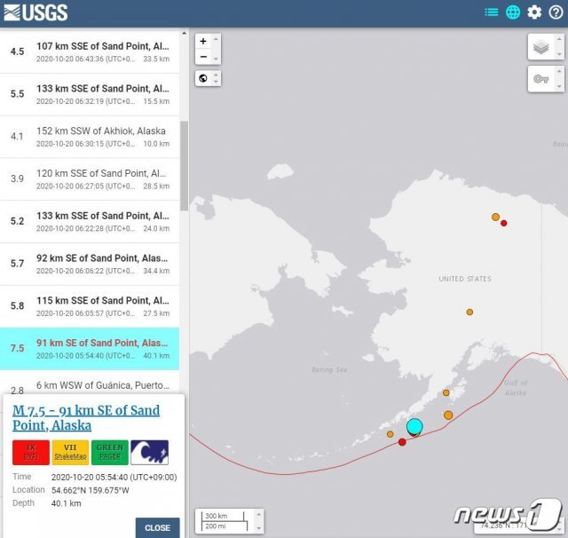 미국 알래스카주 샌드포인트 남동쪽 해역에서 협정세계시(UTC) 기준 19일 오후 8시54분(한국시간 20일 오전 5시54분)쯤 리히터규모(M) 7.5의 지진이 발생했다 (미 지질조사국(USGS) 홈페이지 캡처) © 뉴스1