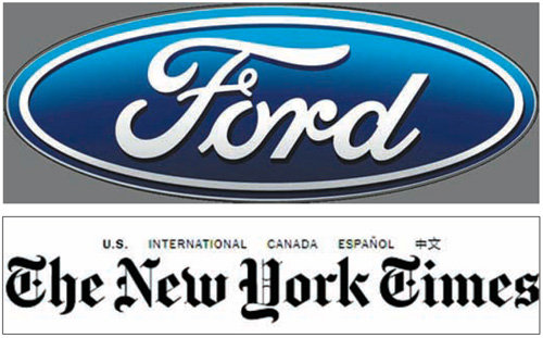 전설적 서체 디자이너로 평가받는 에드 벵기어트가 디자인한 미 포드자동차 로고(위 사진)와 뉴욕타임스 제호.