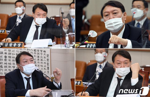 윤석열 검찰총장이 22일 국회에서 열린 법제사법위원회 대검찰청 국정감사에서 의원들과 질의응답을 하고 있다.  © News1