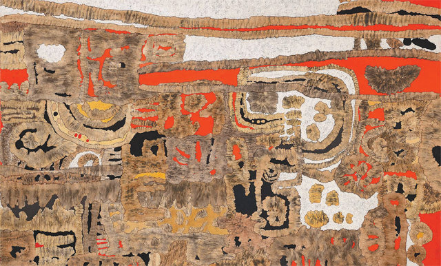 박래현의 추상작품 ‘영광’(1966∼67년), 종이에 채색, 134×168cm. 생전에는 엽전, 맷방석, 금줄을 소재로 했다는 평가를 받았으나 그가 남긴 글에 따르면 자연과 사회에 관한 생각을 상징적으로 담았다. 국립현대미술관 제공