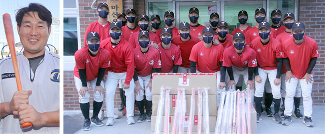 프로야구 NC의 양의지(왼쪽 사진)가 NC의 연고지 후배들을 위해 1억 원 상당의 야구용품을 기부했다. 한 고교의 야구부 선수들이 양의지가 기부한 배트를 앞에 놓고 사진을 찍고 있다. NC 제공