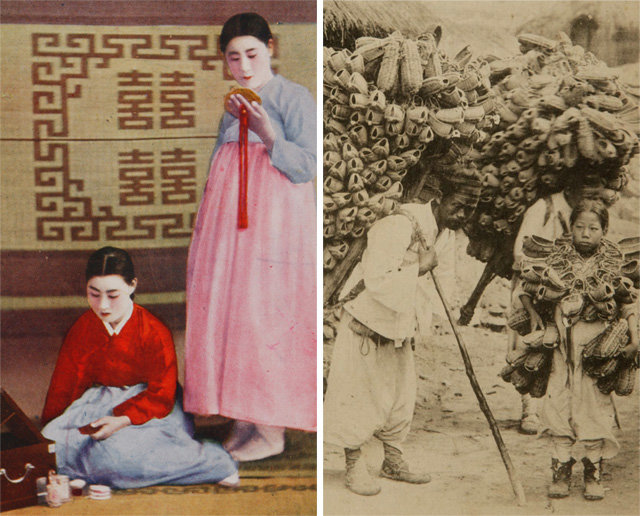 조선시대에는 여성들에게 화장품을 판매하는 방문판매원인 ‘매분구’가 있었다(왼쪽 사진). 재료비가 저렴한 짚신은 특별한 기술이 없어도 창업하기 가장 쉬운 분야였다. 국립민속박물관 제공