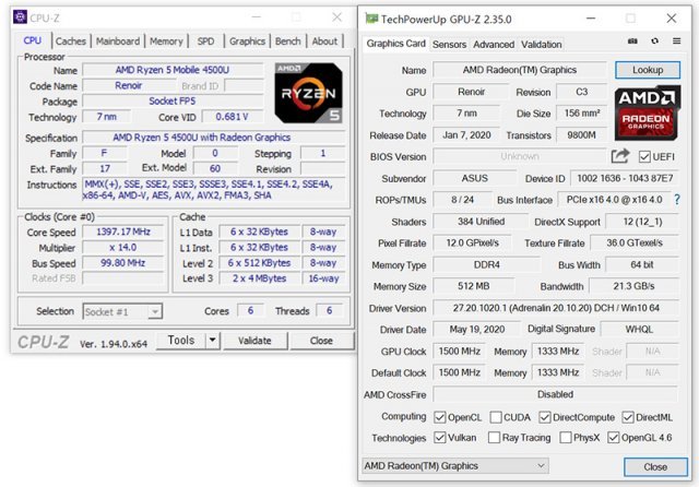 에이수스 PN50에 탑재된 AMD 라이젠 5 4500U 프로세서의 CPU-Z 정보와 내장 그래픽의 GPU-Z 정보. 출처=IT동아