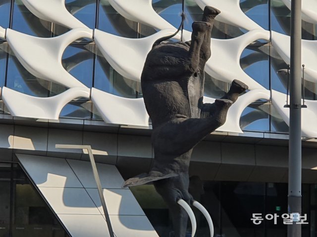 ‘코오롱 one&only타워’ 앞에서 코로 서 있는 코끼리 동상. ‘코~오~롱’이라는 단어가 연상되는 코끼리 상은 창의성을 상징하는 듯하다. 안영배 논설위원
