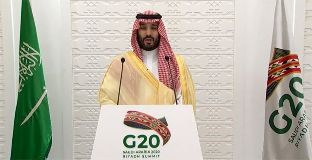 G20 정상회의에서 무함마드 빈 살만 사우디아라비아 왕세자가 회의 성과를 설명하고 있다. G20 정상회의 홈페이지 영상 캡처