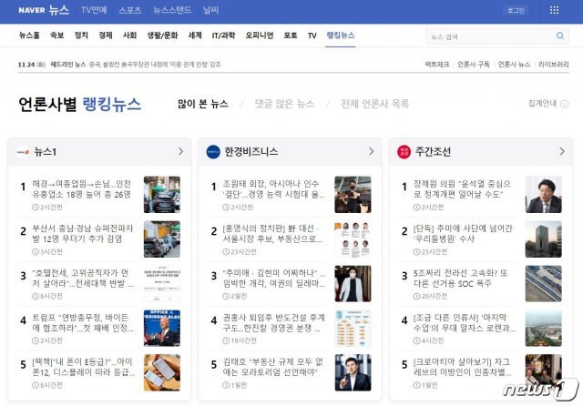개편된 네이버 랭킹뉴스 화면 (네이버뉴스 갈무리) © 뉴스1