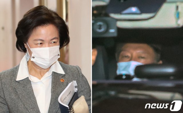 추미애 장관(왼쪽)과 승용차를 타고 있는 윤석열 총장. 2020.11.24/뉴스1 © News1