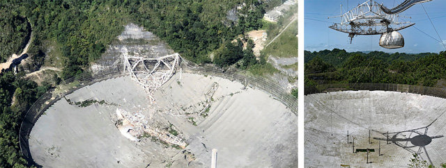 1일(현지 시간) 붕괴한 중미 미국령 푸에르토리코섬의 아레시보 관측소 전파망원경(왼쪽 사진). 올해 8월부터 파손이 시작된 이 망원경은 곧 해체 작업을 앞두고 있었으나 워낙 파손이 심해 이날 돌연 무너졌다. 지름 305m의 이 망원경은 1963년 설치 후 미 천문학 연구에 큰 기여를 했다는 평가를 받고 있다. 붕괴 전 망원경의 모습. 아레시보=AP 뉴시스