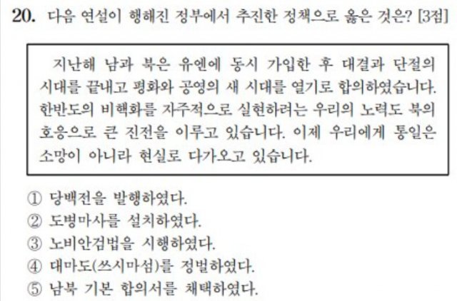 2021학년도 수능 한국사 20번 문제. 지난해(2019년) 대통령은 누구인지를 묻는 수준보다 쉬운 문제라는 조롱과 함께 출제오류라는 비판까지 받고 있다. © News1