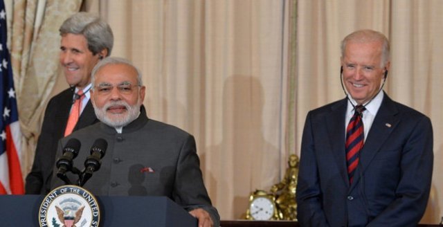 나렌드라 모디 인도 총리가 2014년 미국을 방문해 조 바이든 당시 부통령과 기자회견을 하고 있다. [DOS]