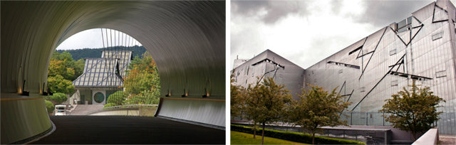 지난해 별세한 미국 건축가 이오 밍 페이가 설계한 일본 시가현 고카의 미호 박물관 진입부(왼쪽 사진)와 폴란드 출신 유대인 건축가 다니엘 리베스킨트의 독일 베를린 유대인 박물관 금속 외벽. 인물과사상사 제공