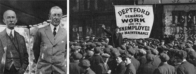 제1차 세계대전을 연합국의 승리로 이끈 미국 우드로 윌슨 대통령(왼쪽 사진 오른쪽)과 그의 특사로 평화 조정을 한 에드워드 맨덜 하우스 대령. 오른쪽 사진은 1921년 영국 런던에서 벌어진 대규모 실업자 집회. 아카넷 제공