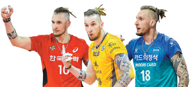 한국전력(2017∼18시즌), KB손해보험(2018∼19시즌), 우리카드(2019∼20시즌) 시절의 펠리페(왼쪽부터). KOVO 제공