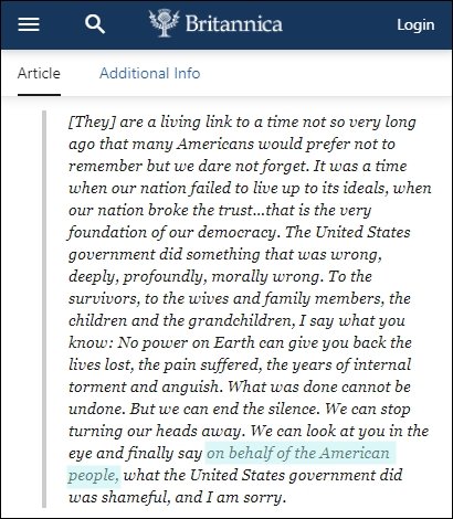 ‘브리태니커 백과사전’에 나와 있는 빌 클린턴 전 미국 대통령 당시 발언. 홈페이지 캡처
